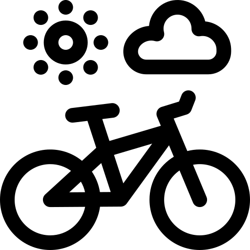 Black and white drawing of a bicyle with a sun and a cloud overhead.