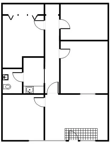 Floor plan of a commercial office interior layout including kitchen, and conference area.