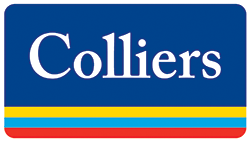 Colliers logo with blue background, white text, and yellow, red, and blue stripes.