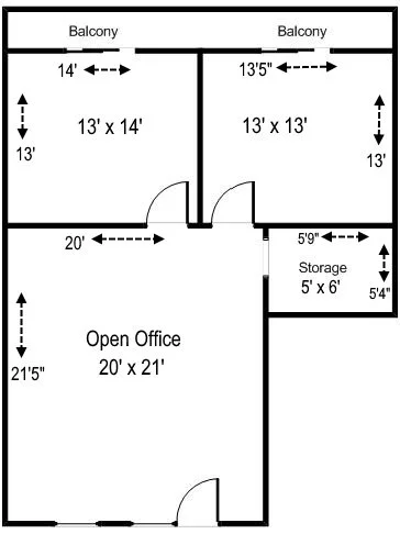 Floor plan of an open office with two balconies, two rooms, and storage.