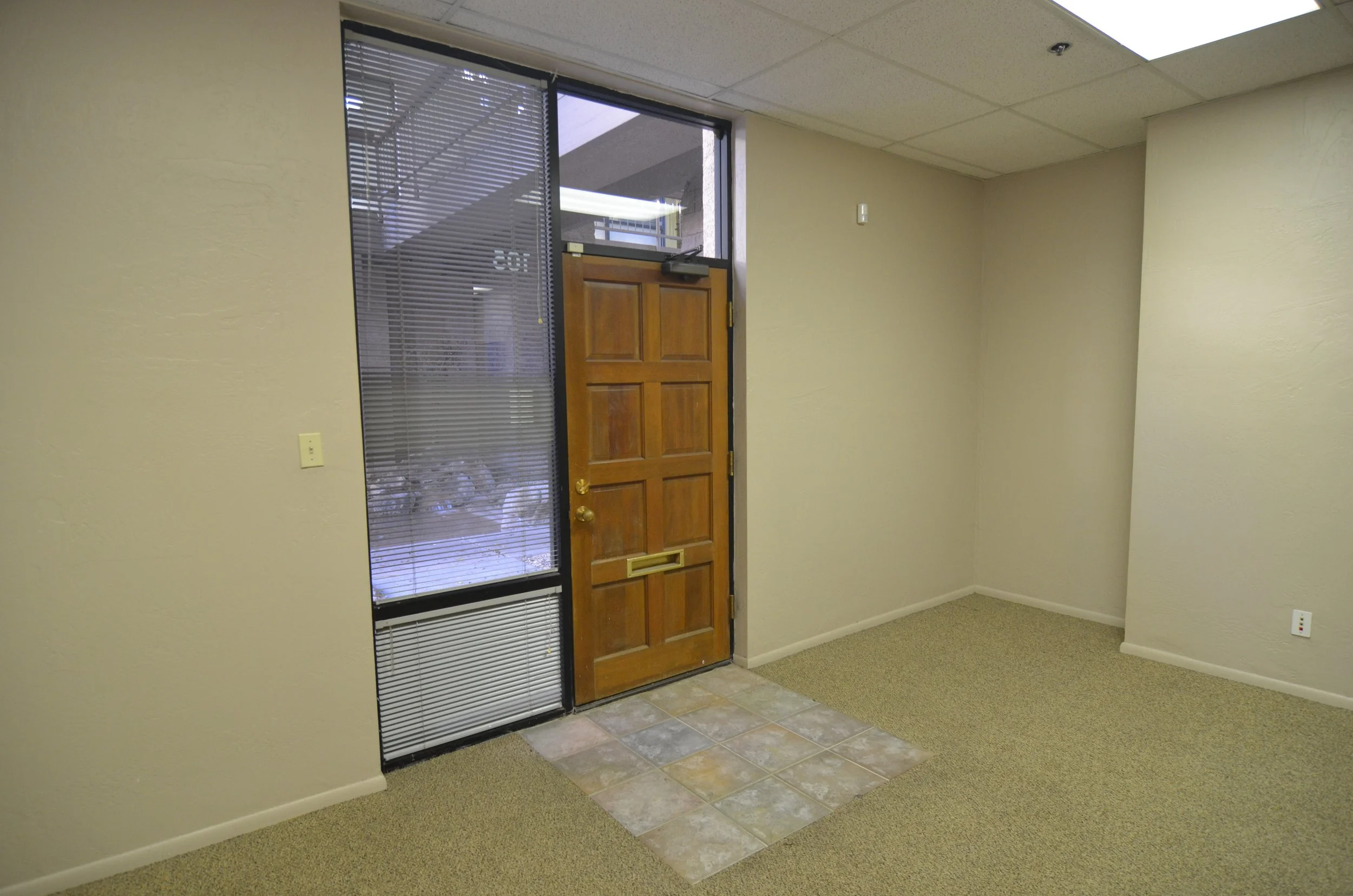 An indoor space with beige walls, brown wooden door with a mail slot, and a large window with blinds. The floor transitions from carpet to tile near the door.