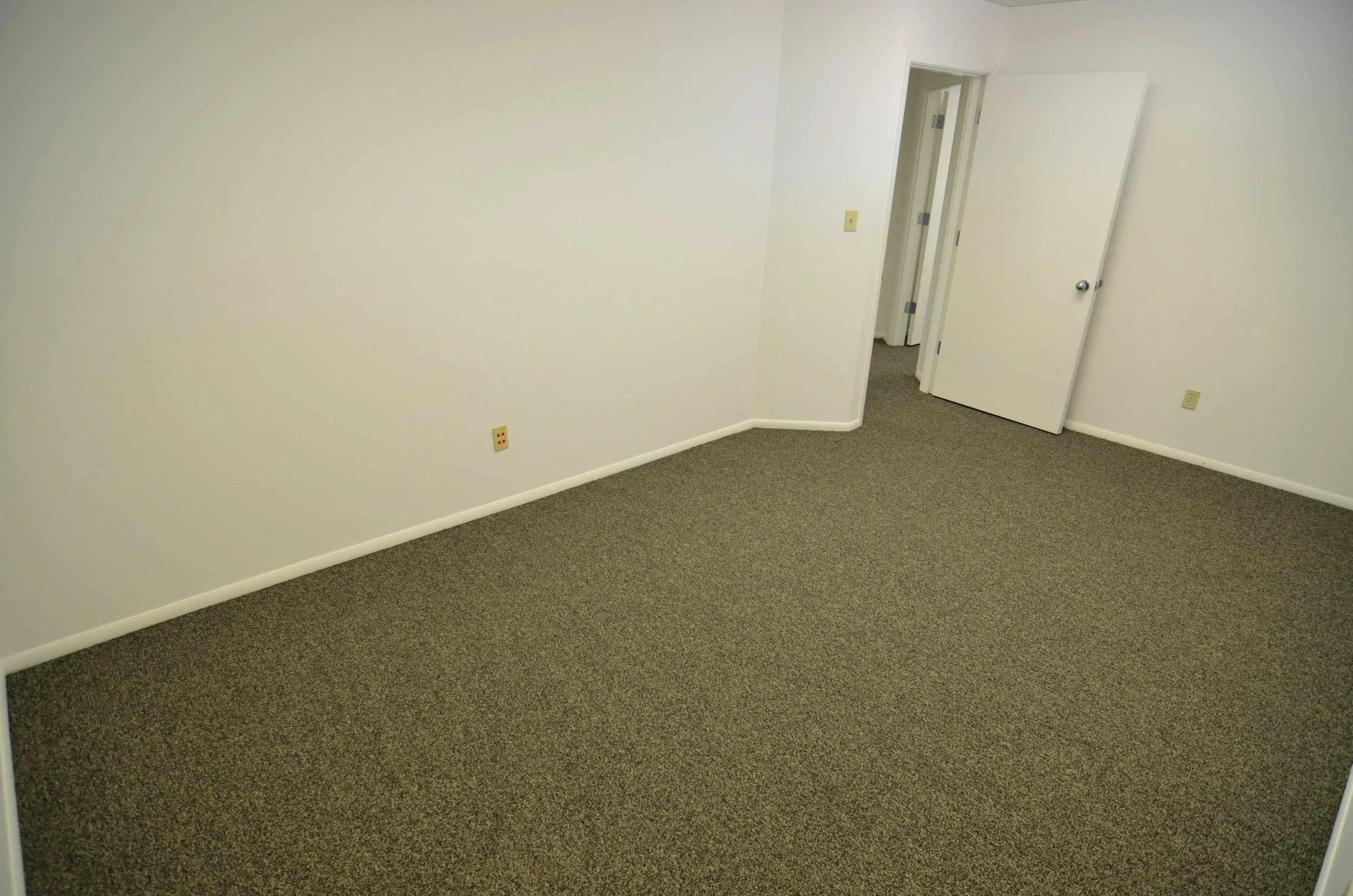 Empty beige room with gray carpet, white walls, a door slightly open, and multiple electrical outlets.