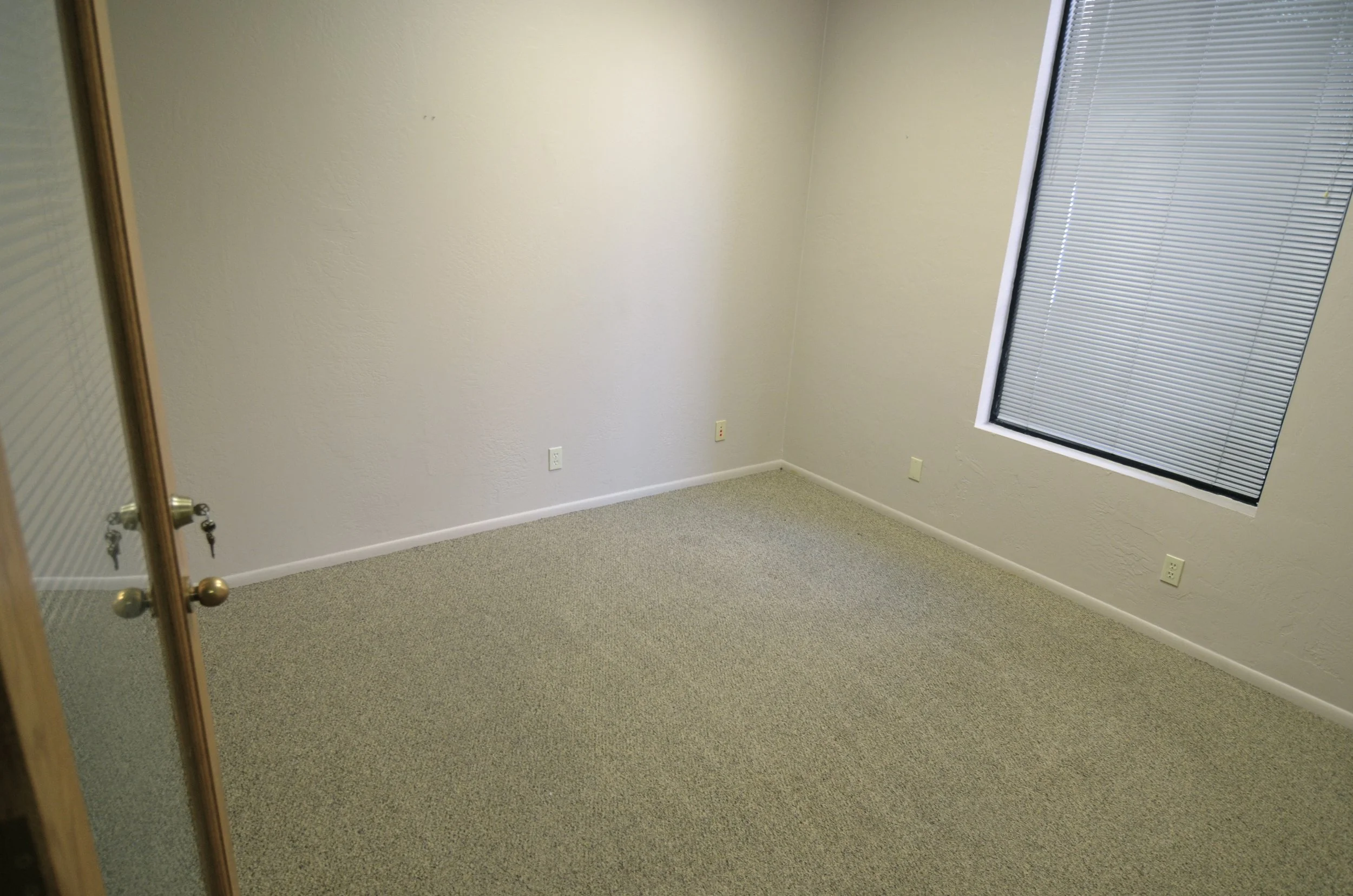 An empty beige-colored office room with a carpeted floor, a large window with closed blinds, and a door with a glass panel.