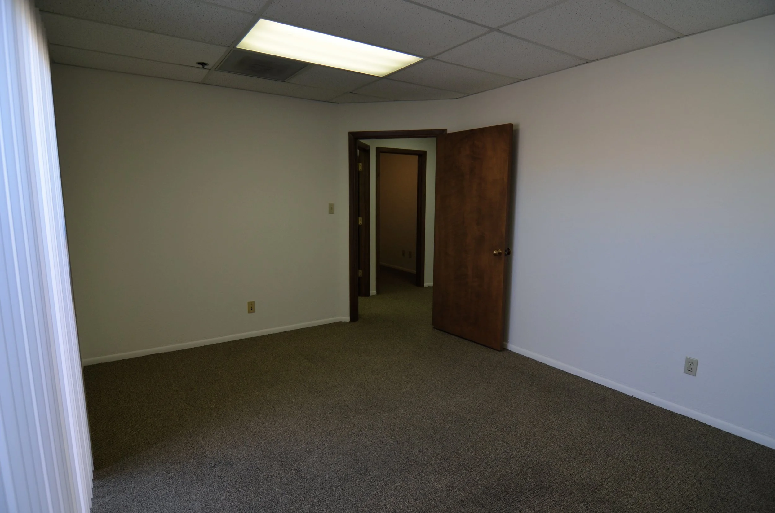 An empty office room with beige carpet, white walls, a partially open wooden door, and a ceiling with fluorescent lighting.