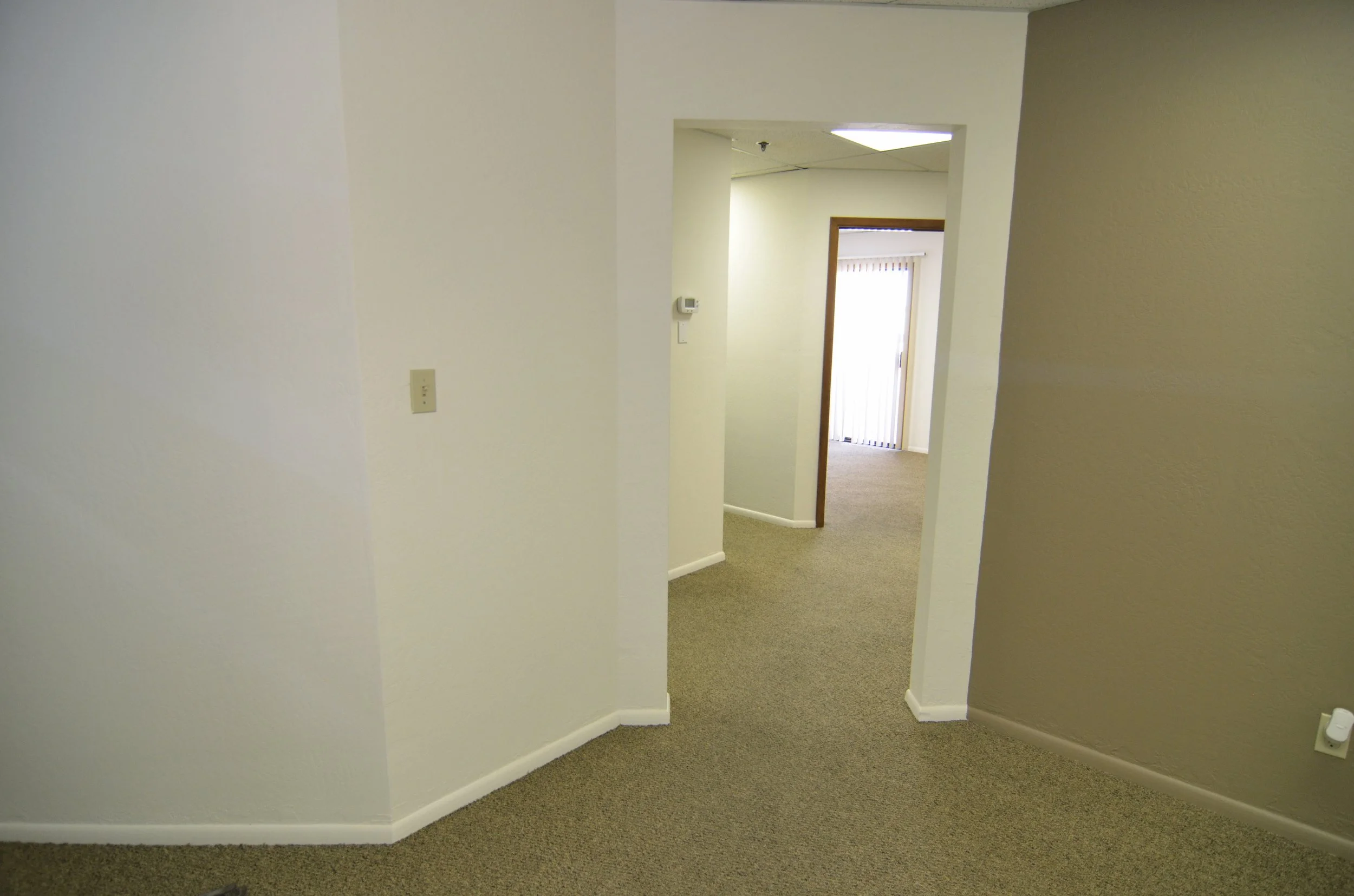 Interior view of an apartment hallway with beige carpet, white walls, a door with vertical blinds, and a window with blinds in the background.