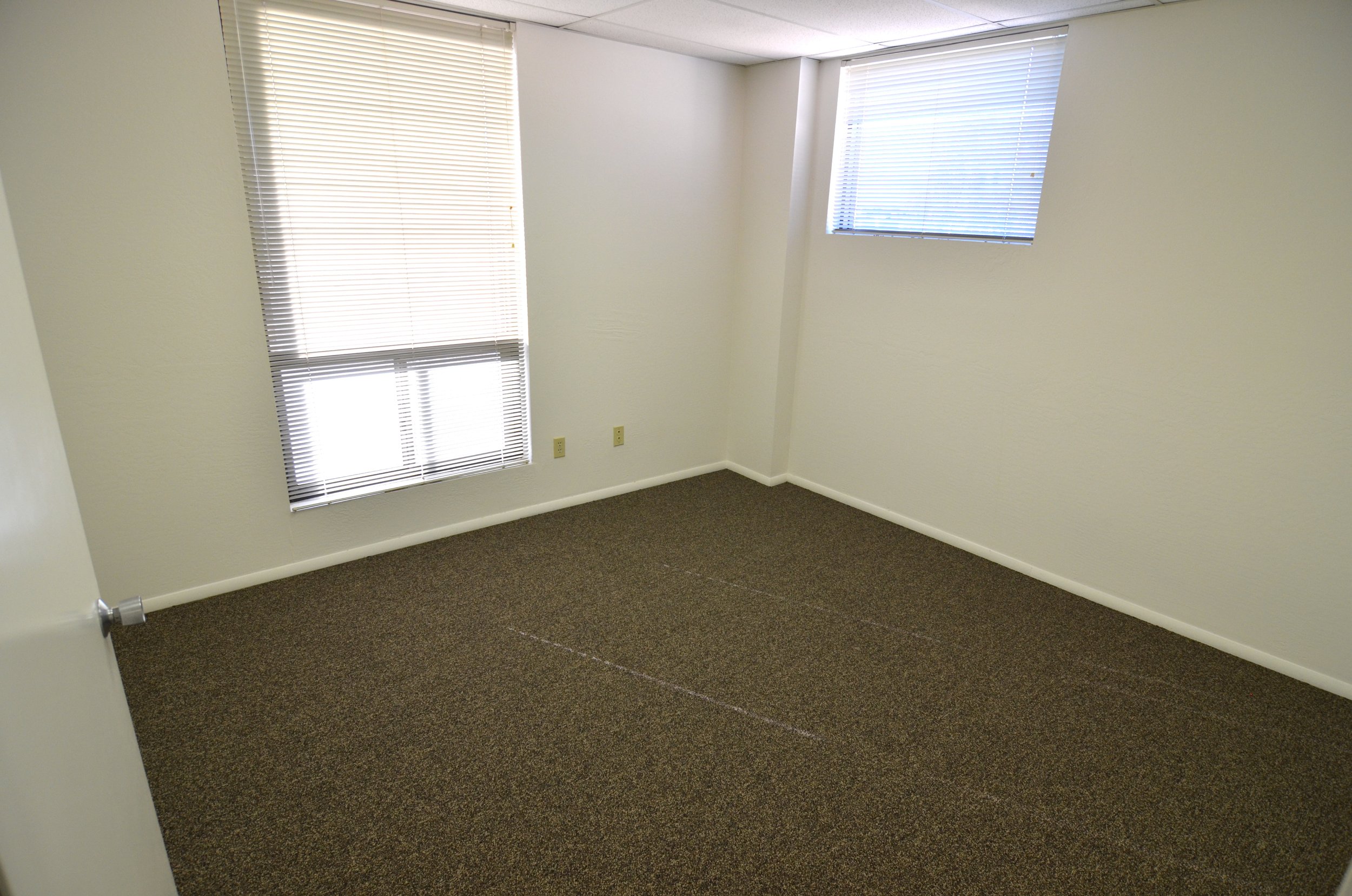 Empty room with beige walls, brown carpet, and two windows with closed blinds letting in sunlight.