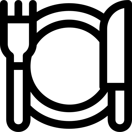 Black-and-white line drawing of a dinner plate, fork and knife as a symbol for restaurants or eating establishments.