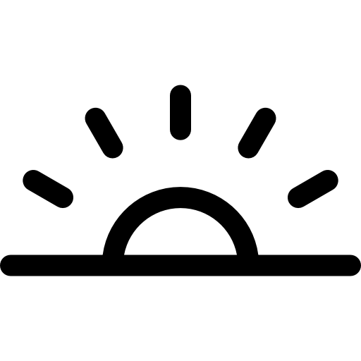 Icon of a sunrise with rays above a horizon line.