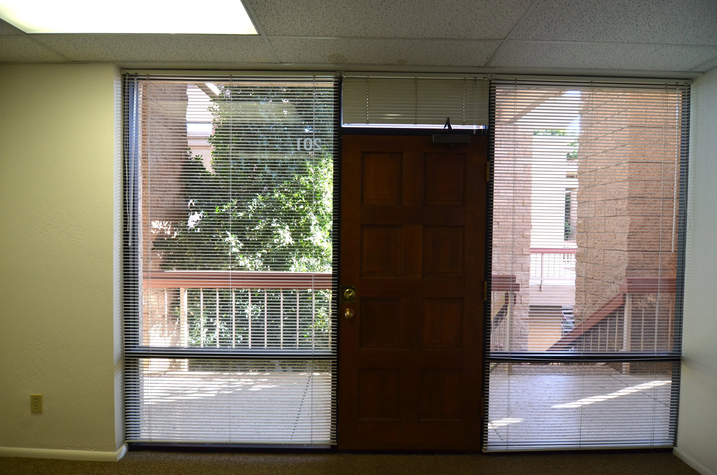 Glass door with wooden panel and window blinds, leading outside to a balcony with greenery and neighboring buildings.