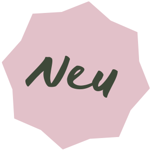 Ein pinkes, unregelmäßig geformtes Etikett mit dem Wort 'Neu' in grüner Schrift.