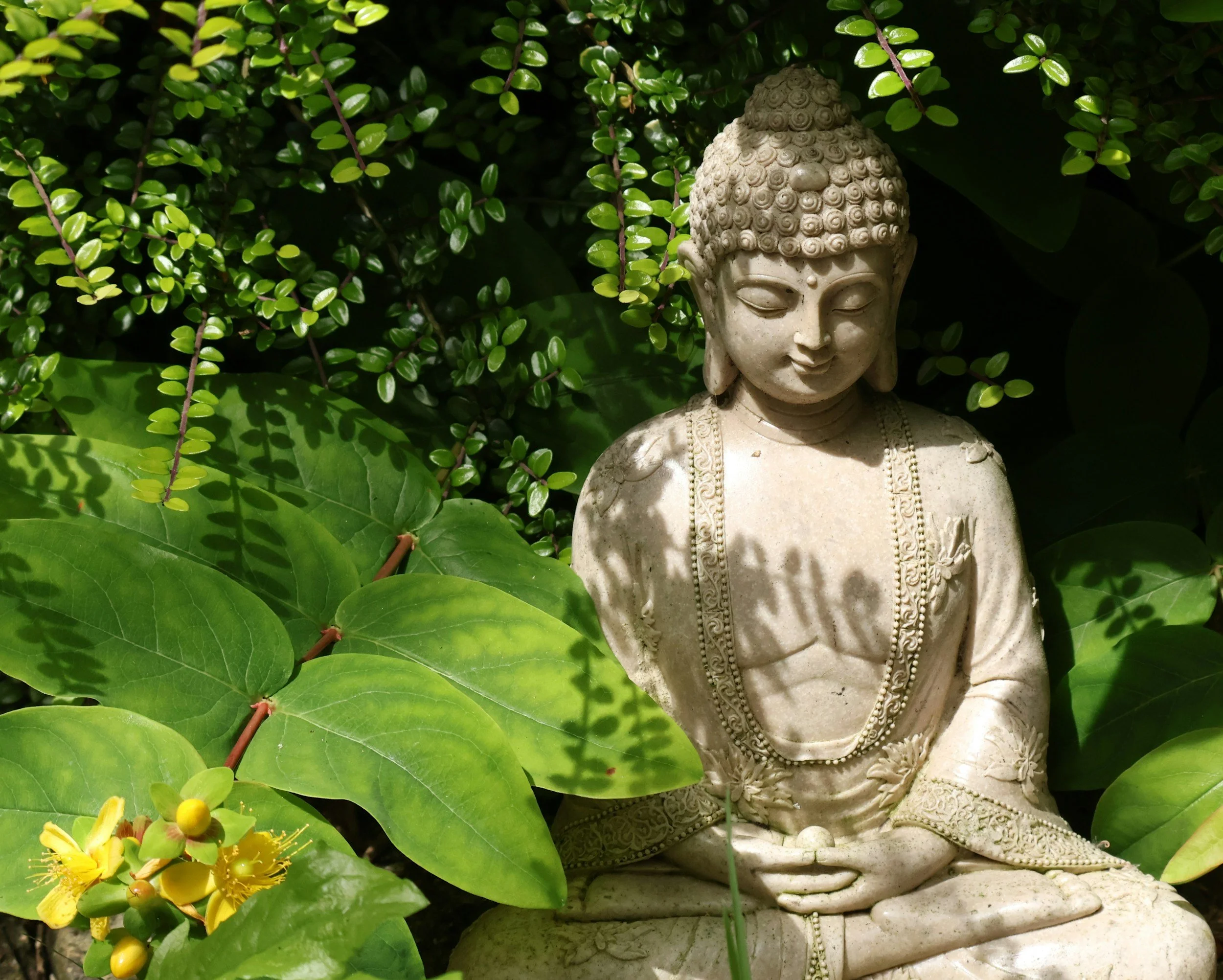 Eine Statue einer sitzenden, meditativen Figur, umgeben von grünen Blättern und Pflanzen.