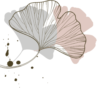 Illustration von mehreren Ginkgo-Blättern in Gold, Rosa und Schwarz mit feinen Linien und Goldakzenten.