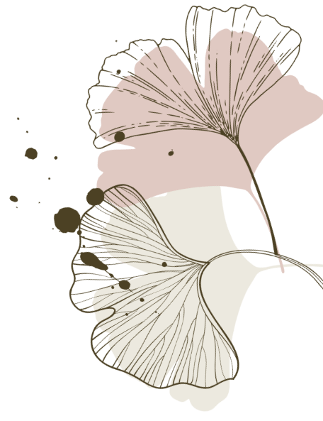 Abstrakte Illustration mit Ginkgo-Blättern in Schwarz, Weiß und Beige, mit Tintentropfen.