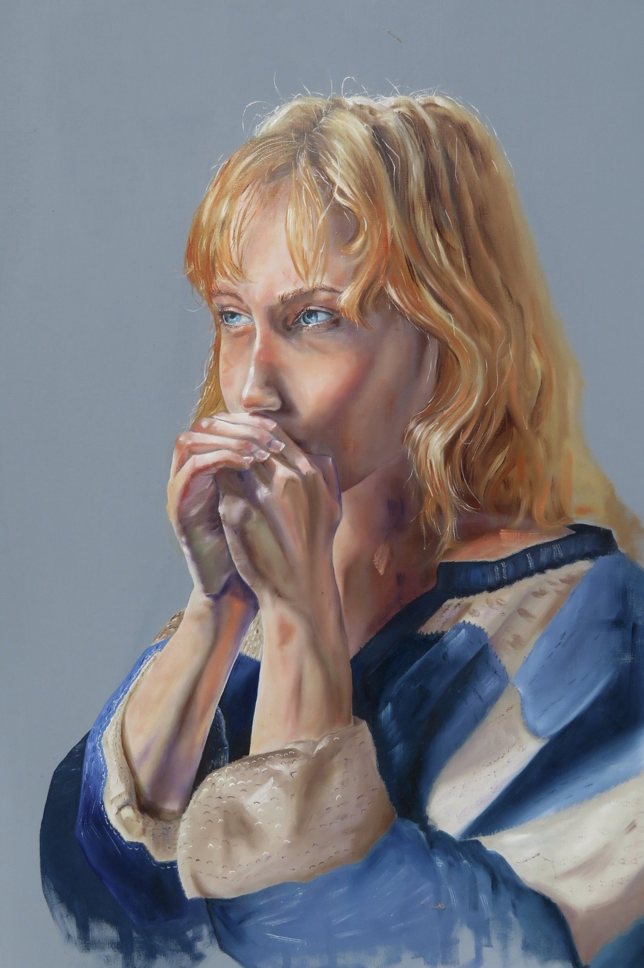 Large blue portrait of woman. Portrait artist in Fayetteville Arkansas