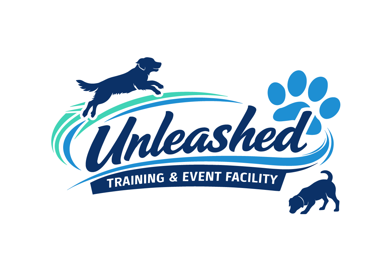 Logo for Unleashed Training & Event Facility featuring a running dog, paw print, and a smaller dog, with stylized swirling lines in blue and green.