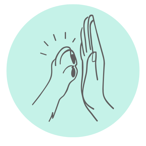 Line drawing of a hand and paw giving a high five, with radiating lines indicating excitement or celebration, on a light blue circular background.