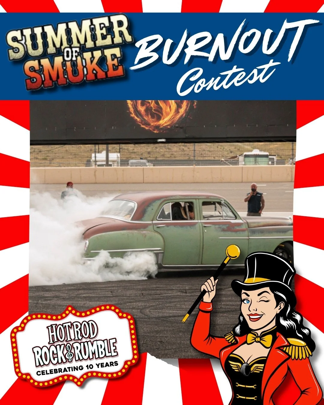 🔥💨 The Summer of Smoke Burnout Competition returns for a showdown! If you've got the skill to fill the burnout box with smoke and put on a show, it's time to prove it.

🏁 Burn rubber.
💨 Wow the crowd.
🏆 Battle for burnout bragging rights.

Wheth