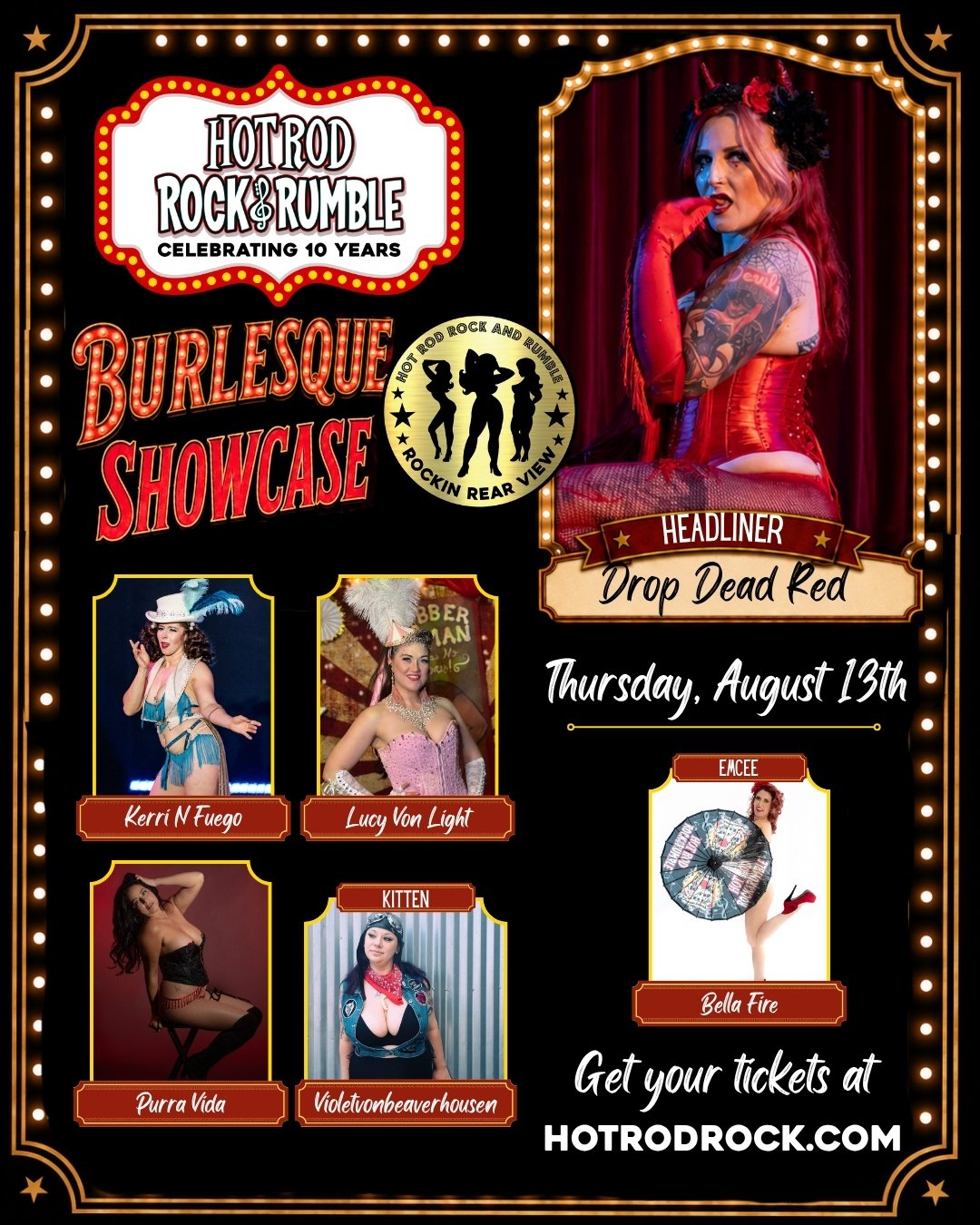 💋✨ THURSDAY NIGHT BURLESQUE SHOWCASE!The party starts here! Join us  at the Shop Stage for an unforgettable Rockin Rear View Burlesque Showcase that brings vintage glamour and incredible talent. Headlining the evening is Drop Dead Red!🍸 Grab a drin