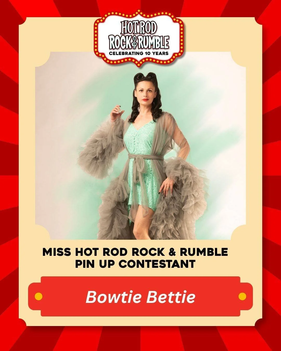 💄 Meet Bowtie Bettie! She's competing for the title of Miss Hot Rod Rock &amp; Rumble 2026 at the 10th Anniversary of Hot Rod Rock &amp; Rumble! Be sure to cheer her on and show her some love in the comments. ❤️

🎟 Make sure you have tickets to the
