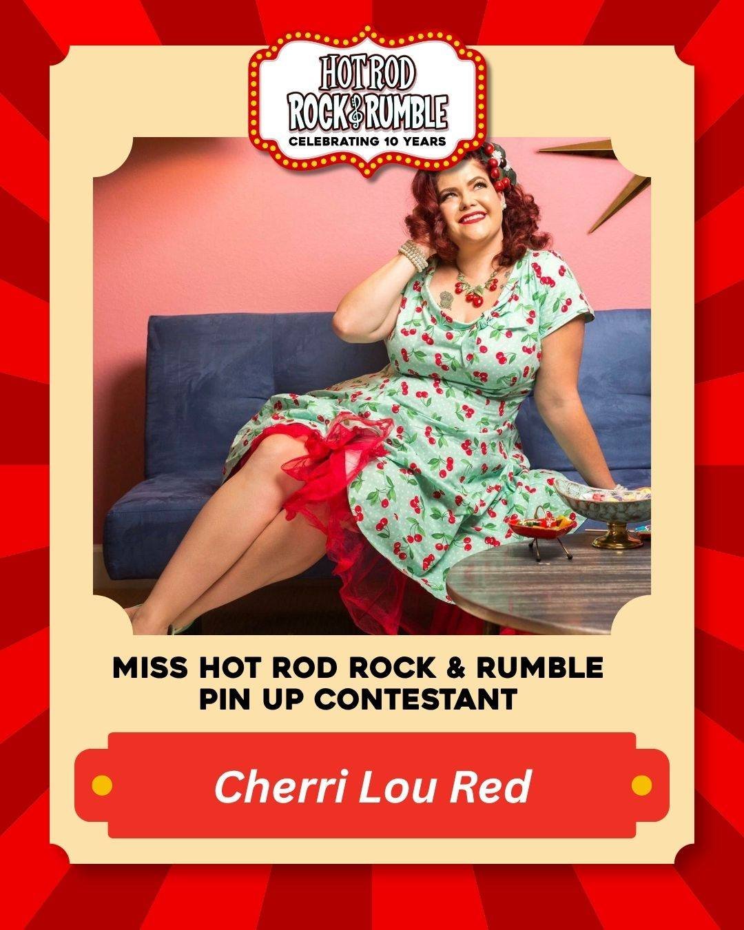 💄 Meet Cherri Lou Red! She's competing for the title of Miss Hot Rod Rock &amp; Rumble 2026 at the 10th Anniversary of Hot Rod Rock &amp; Rumble! Be sure to cheer her on and show her some love in the comments. ❤️

🎟 Make sure you have tickets to th