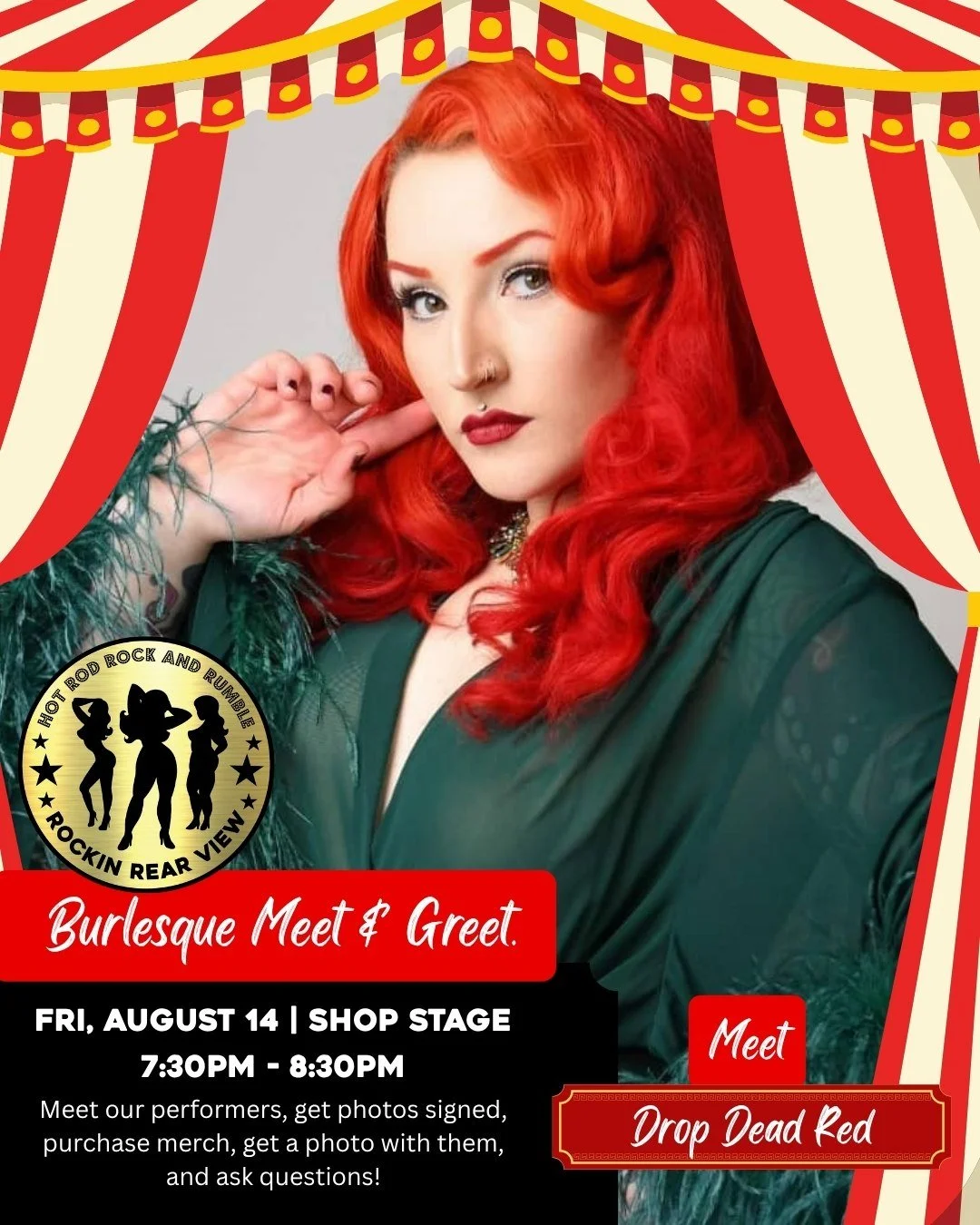 💋✨ Meet &amp; Greet with the stars of Rockin Rear View Burlesque at Hot Rod Rock &amp; Rumble! Join us Friday night from 7:30&ndash;8:30 PM at the Shop Stage for a special Burlesque Meet &amp; Greet.
Meet Drop Dead Red, The Rockabilly Barbie, Kalani