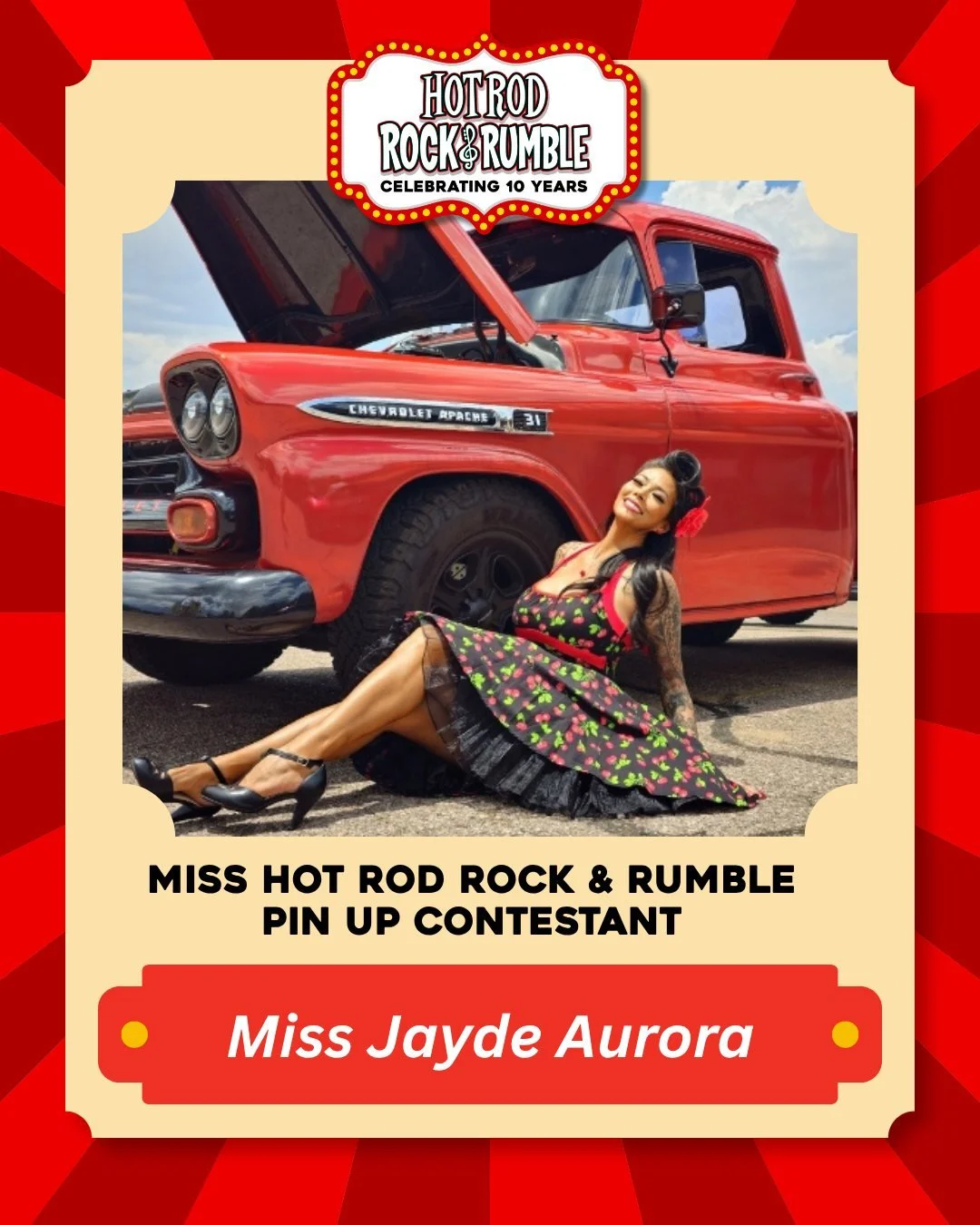💄 Meet Miss Jayde Aurora! She's competing for the title of Miss Hot Rod Rock &amp; Rumble 2026 at the 10th Anniversary of Hot Rod Rock &amp; Rumble! Be sure to cheer her on and show her some love in the comments. ❤️

🎟 Make sure you have tickets to