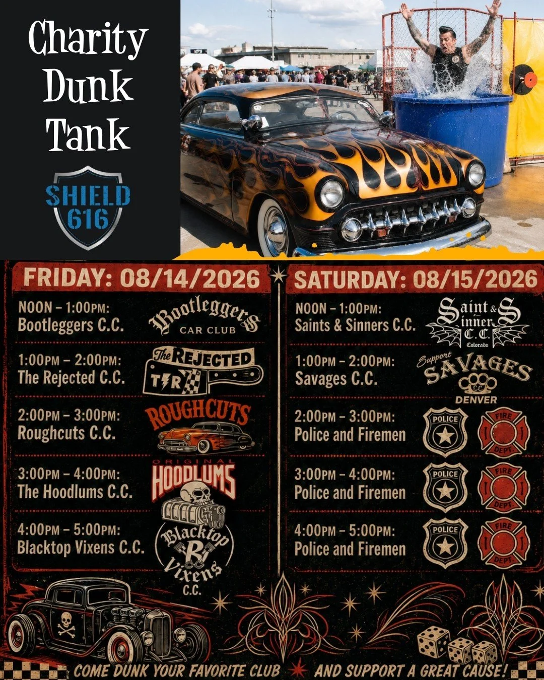 💦🚗 The Hot Rod Rock &amp; Rumble Charity Dunk Tank is raising money for Shield 616, and we&rsquo;ve got a full lineup of car clubs ready to get soaked!

Friday features Bootleggers C.C., The Rejected C.C., Roughcuts C.C., The Hoodlums C.C., and Bla
