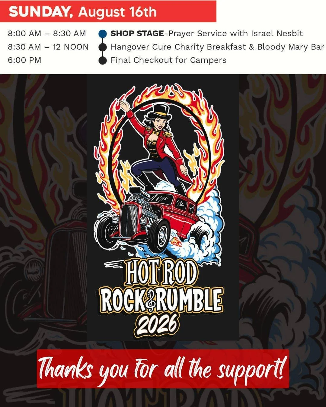 ❤️🏁 THANK YOU FOR AN INCREDIBLE HOT ROD ROCK &amp; RUMBLE! 🏁❤️

We hope you had an amazing weekend. Before you hit the road, join us this morning at the Shop Bar for our Sunday Prayer Service, followed by the Hangover Cure Breakfast. 🍳

As we wrap