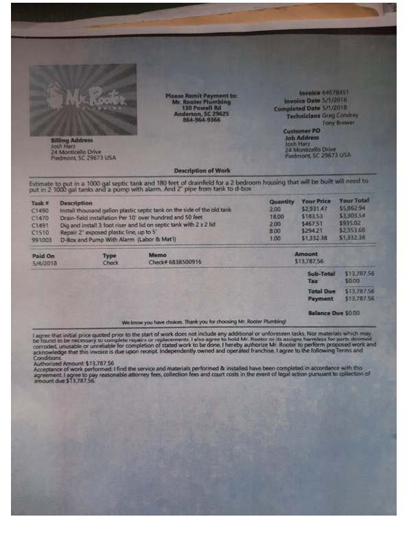 receipt for septic install