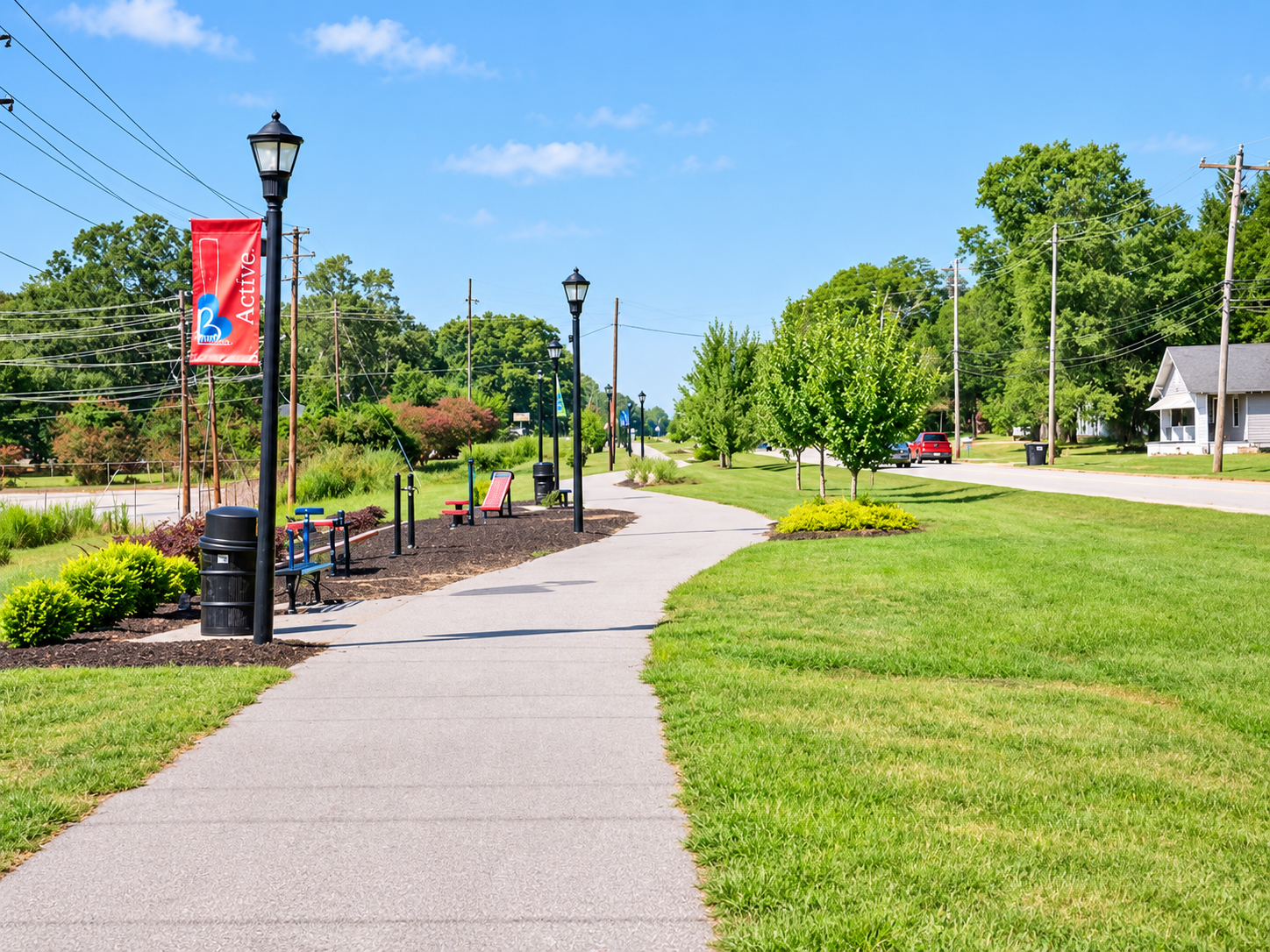 Belton Bubble Gum Trail with paved walking path, landscaped sitting area, lamppost banners, grassy green space, and road running alongside the trail