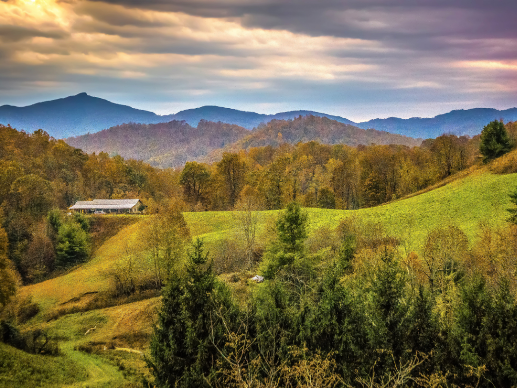 Rolling hills and countryside landscape in rural Upstate South Carolina