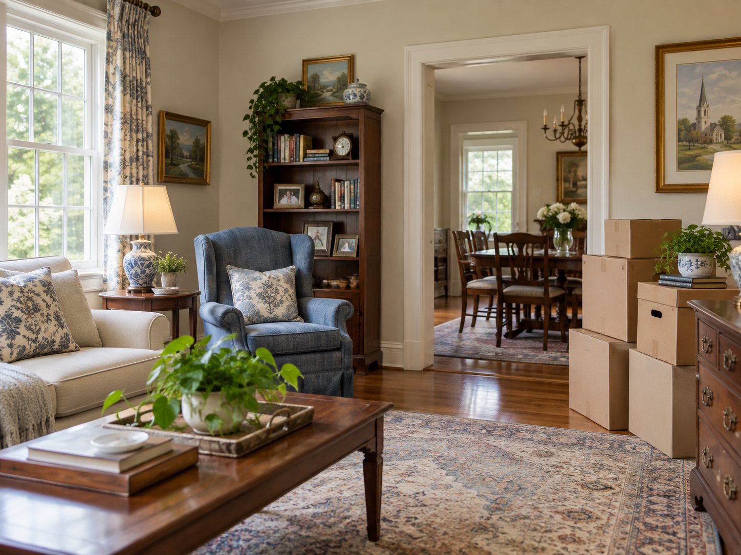 couch, rug, blue chair, bookcase