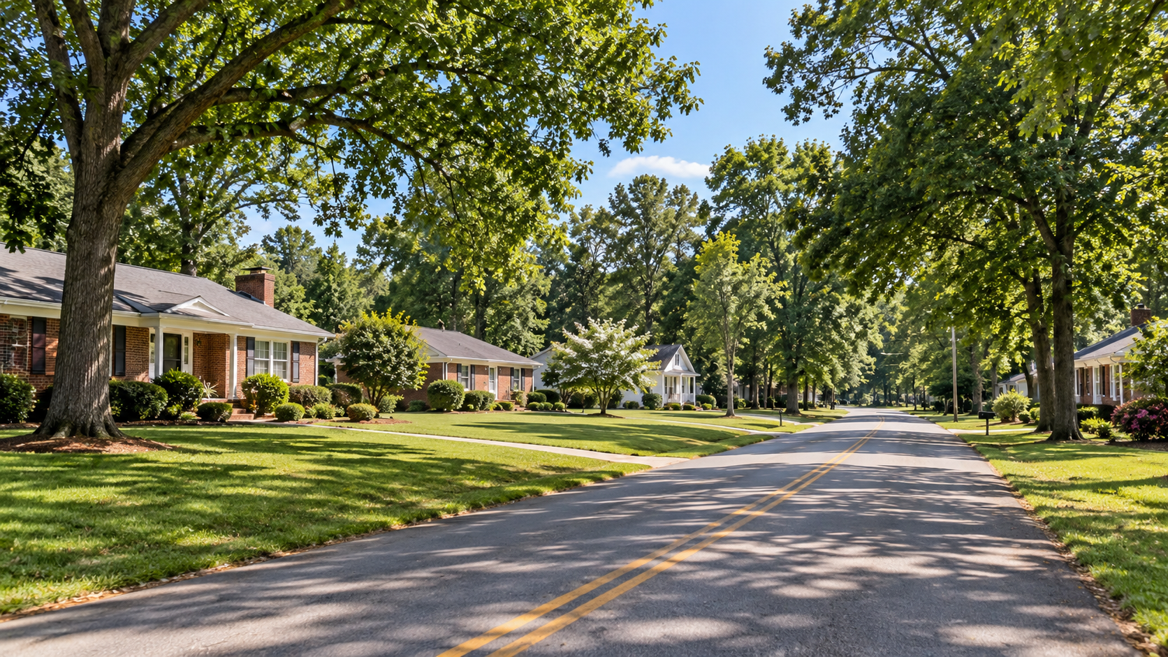 A quiet residential neighborhood with single-story brick houses, lush green lawns, and tall trees lining the street on a sunny day.