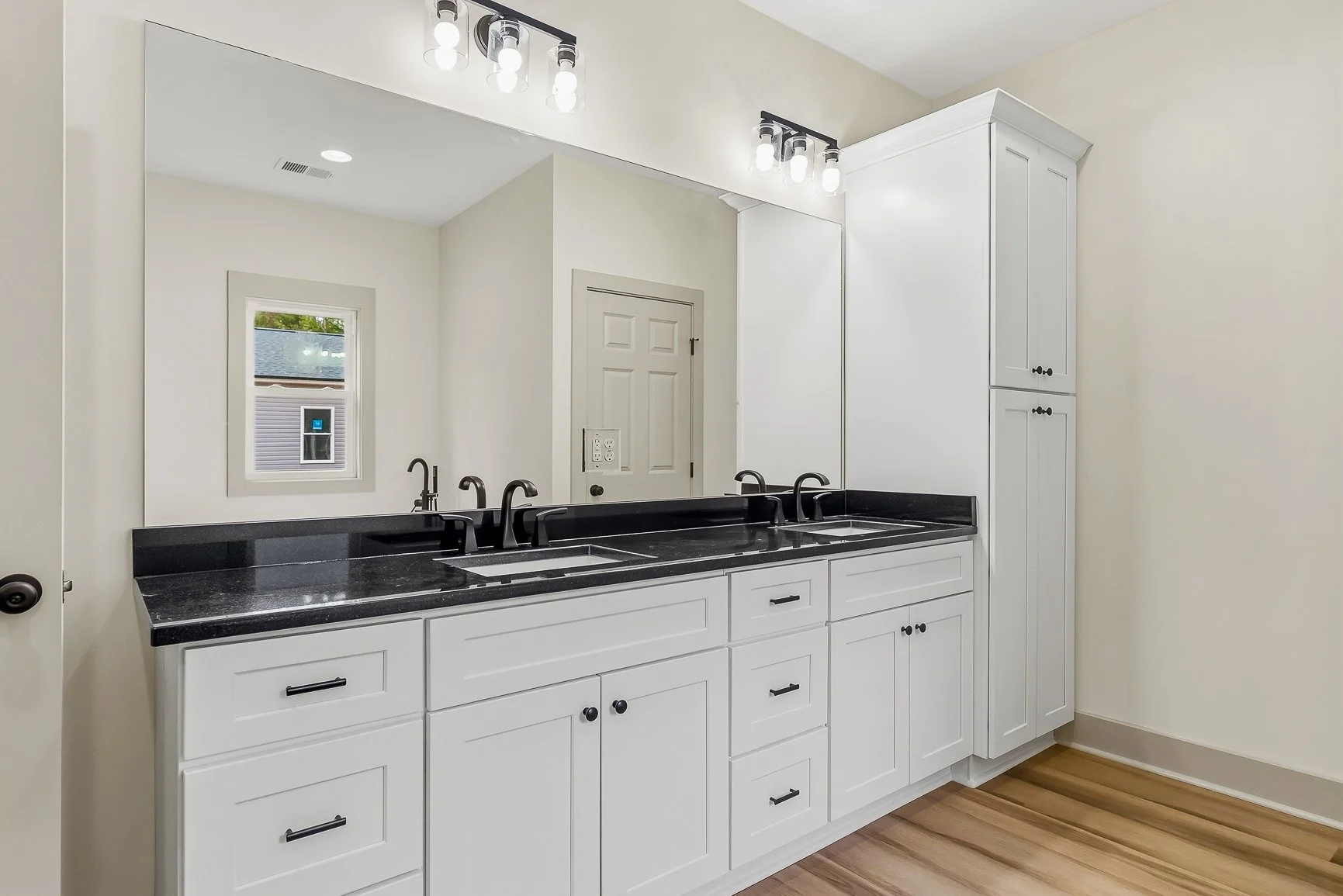 Primary bathroom, vanity with double sinks and lots of storage