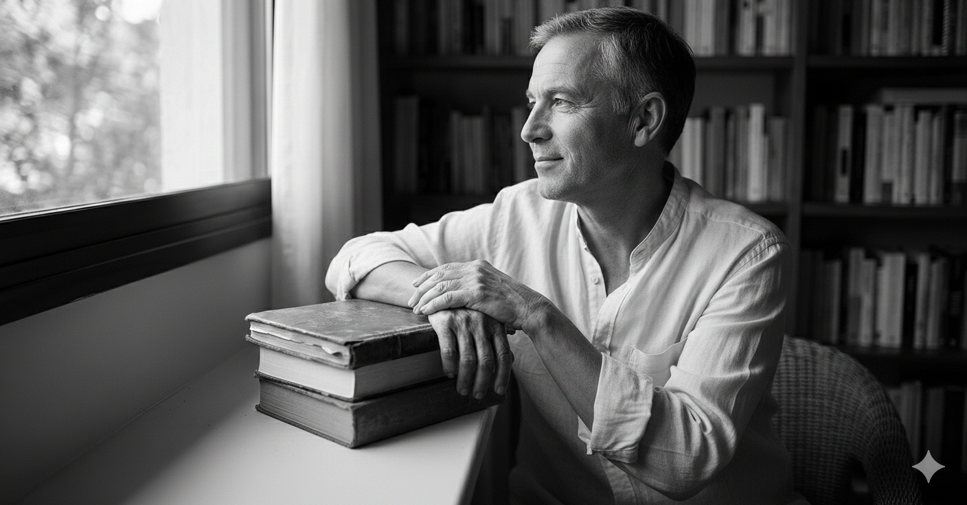 Un hombre mayor sentado junto a la ventana en una habitación con estantes llenos de libros, mirando pensativo hacia la izquierda, con un libro sobre el escritorio delante de él.