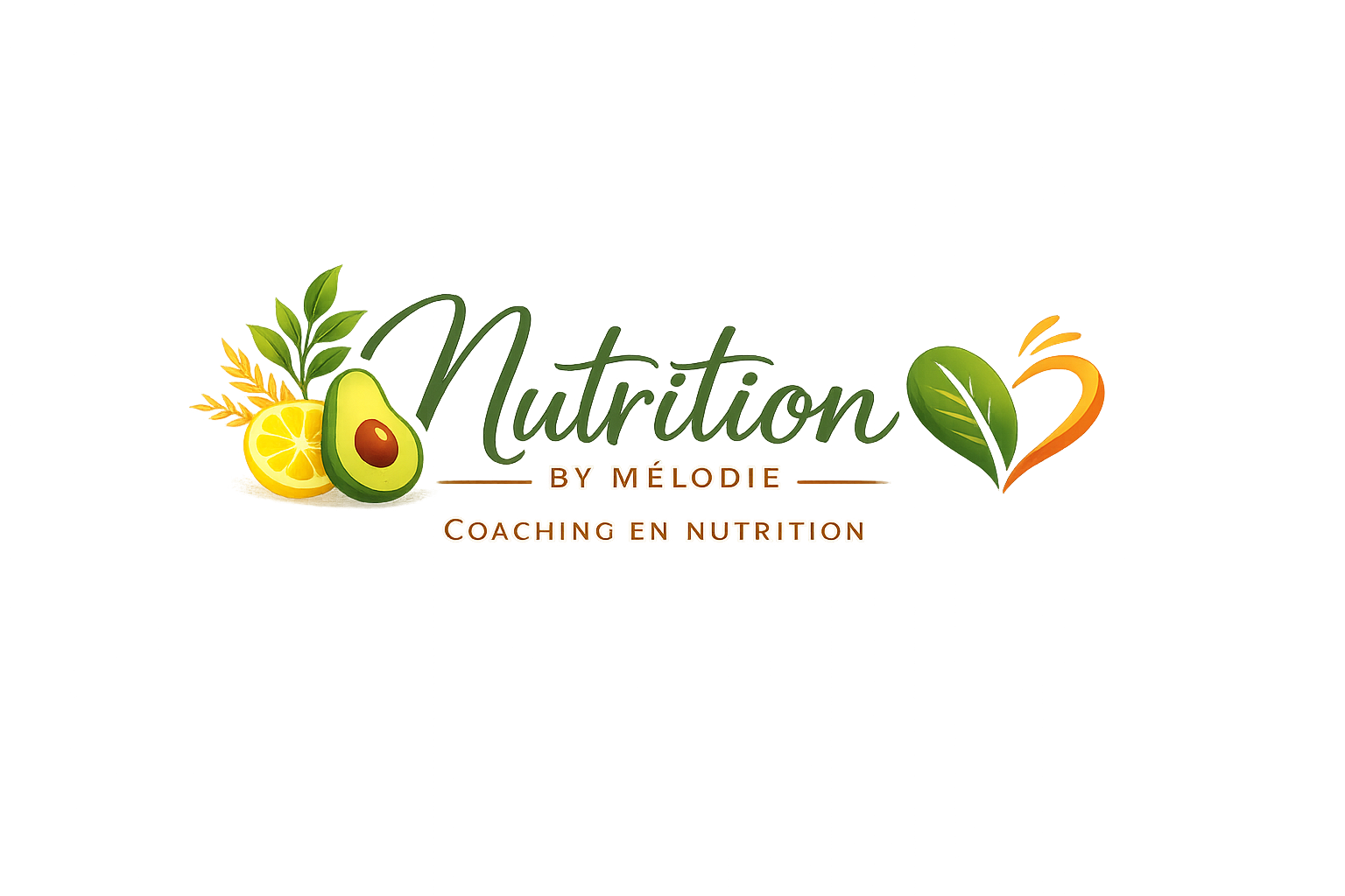 Logo coloré avec fruits comme avocat, citron, et feuilles vertes, indiquant un service de coaching en nutrition par Mélodie.