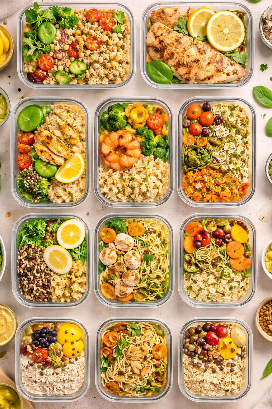 Une variété de repas sains dans des contenants en plastique, comprenant des salades, des plats de pâtes et des protéines comme du poulet et des crevettes, accompagnés de légumes et de fruits.