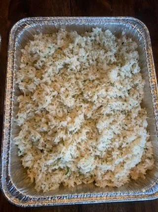 Tray of cooked white rice.