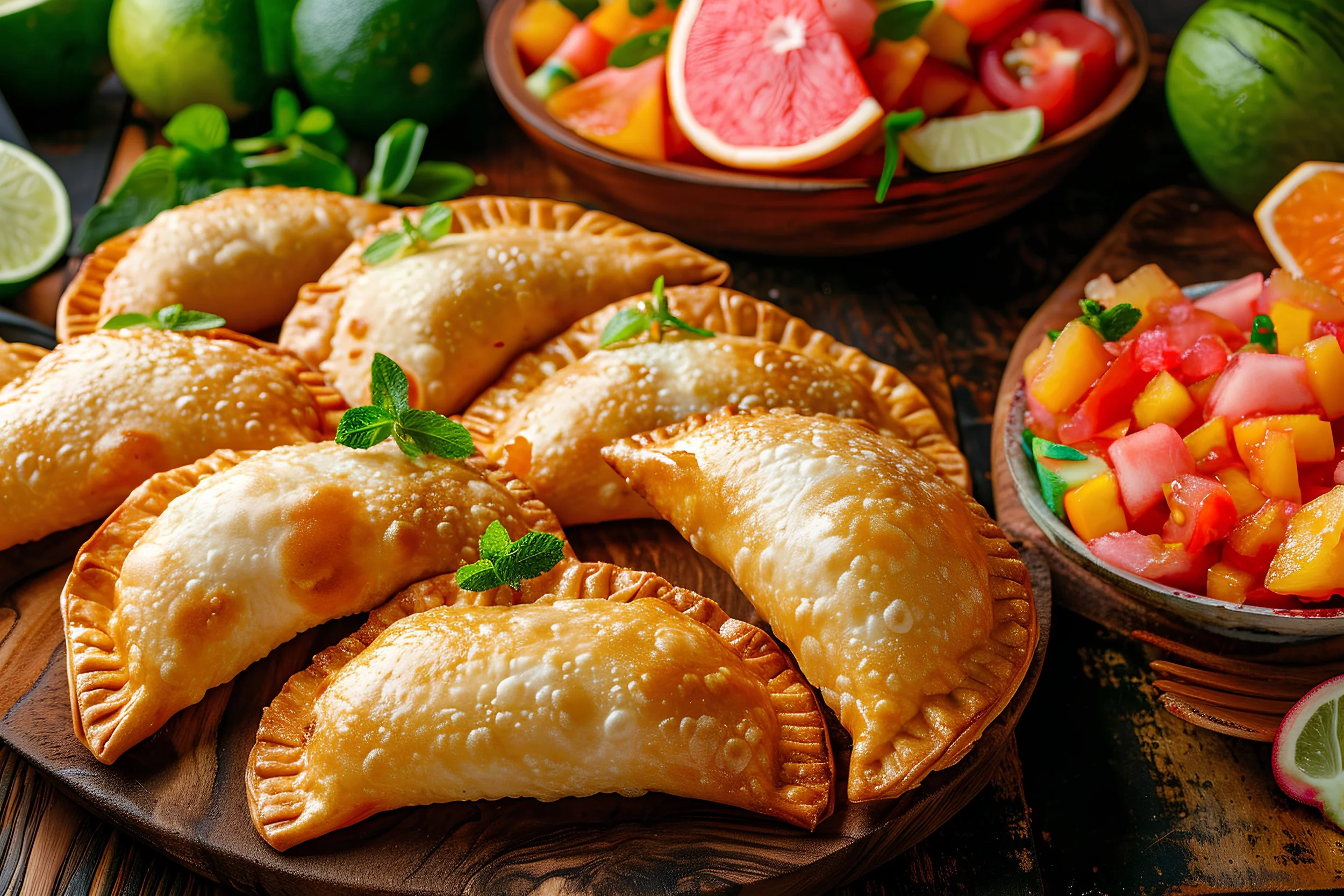 A wooden platter of golden, baked empanadas garnished with fresh mint leaves, alongside bowls of chopped fruit salad and a colorful mix of sliced fruit, with limes and watermelons in the background.