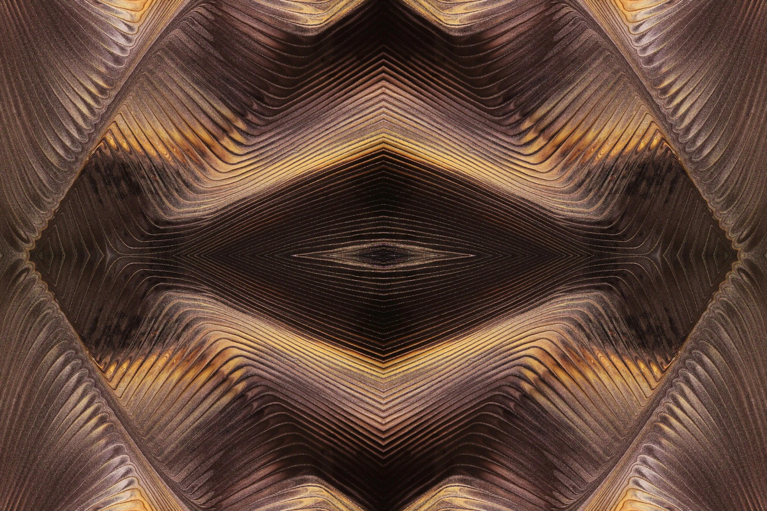 An abstract, symmetrical pattern with layered, wavy lines in shades of brown, beige, and black forming a diamond shape in the center.