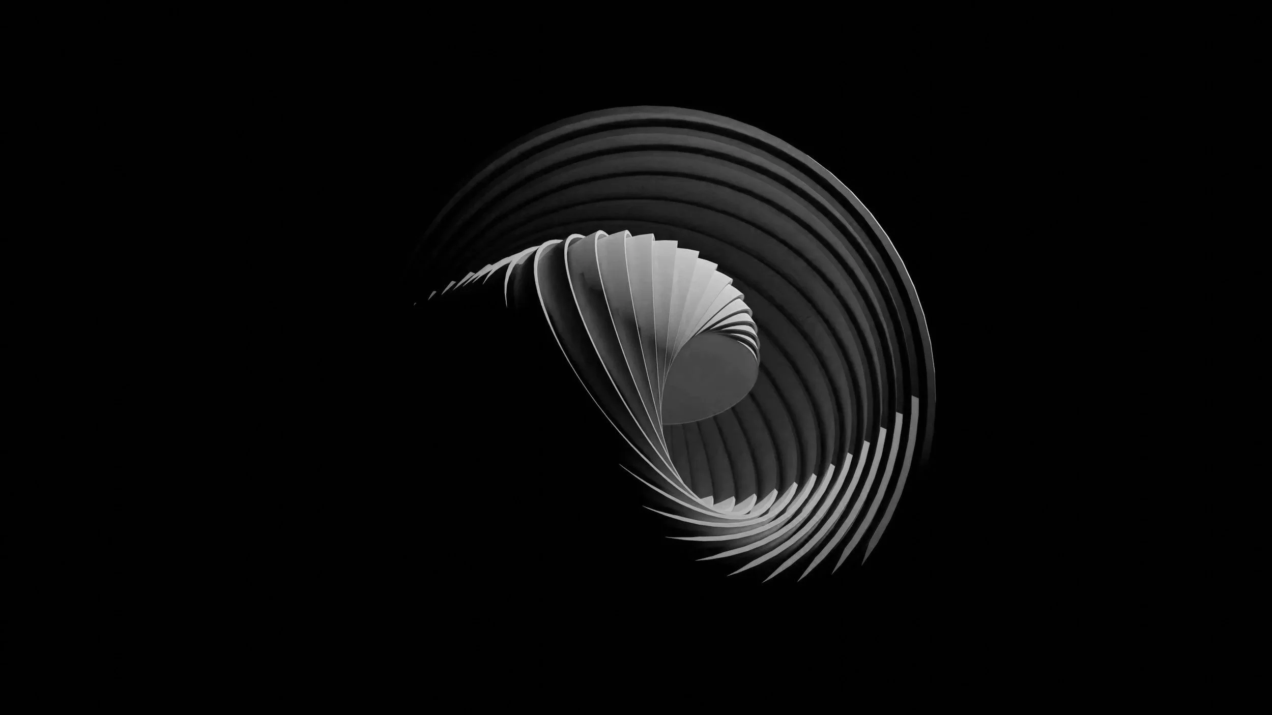 Black and white abstract spiral sculpture with layered, curved elements forming a complex, swirling shape, set against a black background.