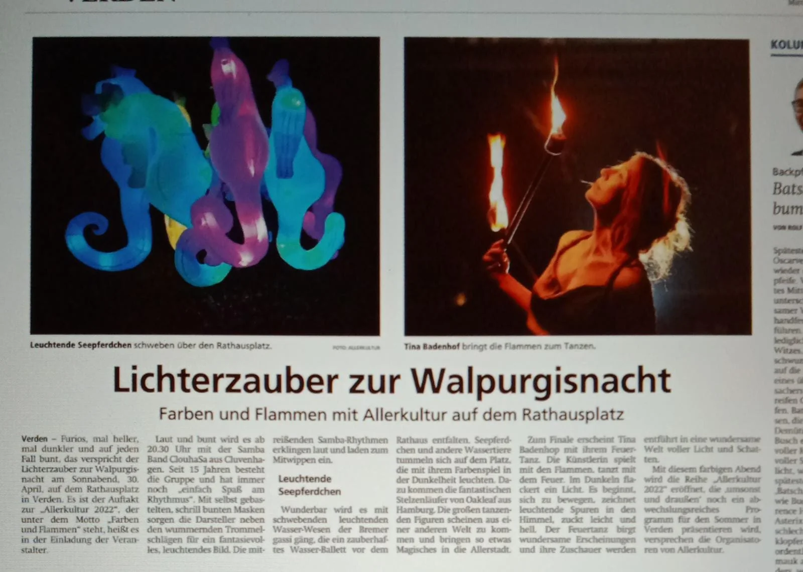 Zwei Bilder auf einer Zeitung, links leuchtende Seepferdchen, rechts eine Feuerartistin beim Tanzen mit Flammen.