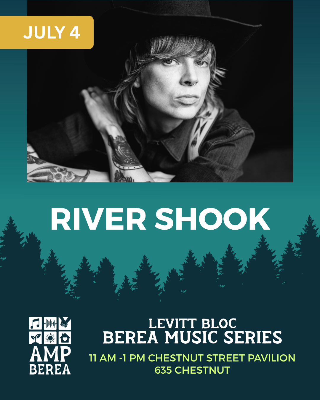 River Shook is a country-rock artist with killer songwriting and a full band show. They spent a decade touring as Sarah Shook & the Disarmers, and this year they're stepping out on their own. Their debut solo album drops June 26, which means July 4 i