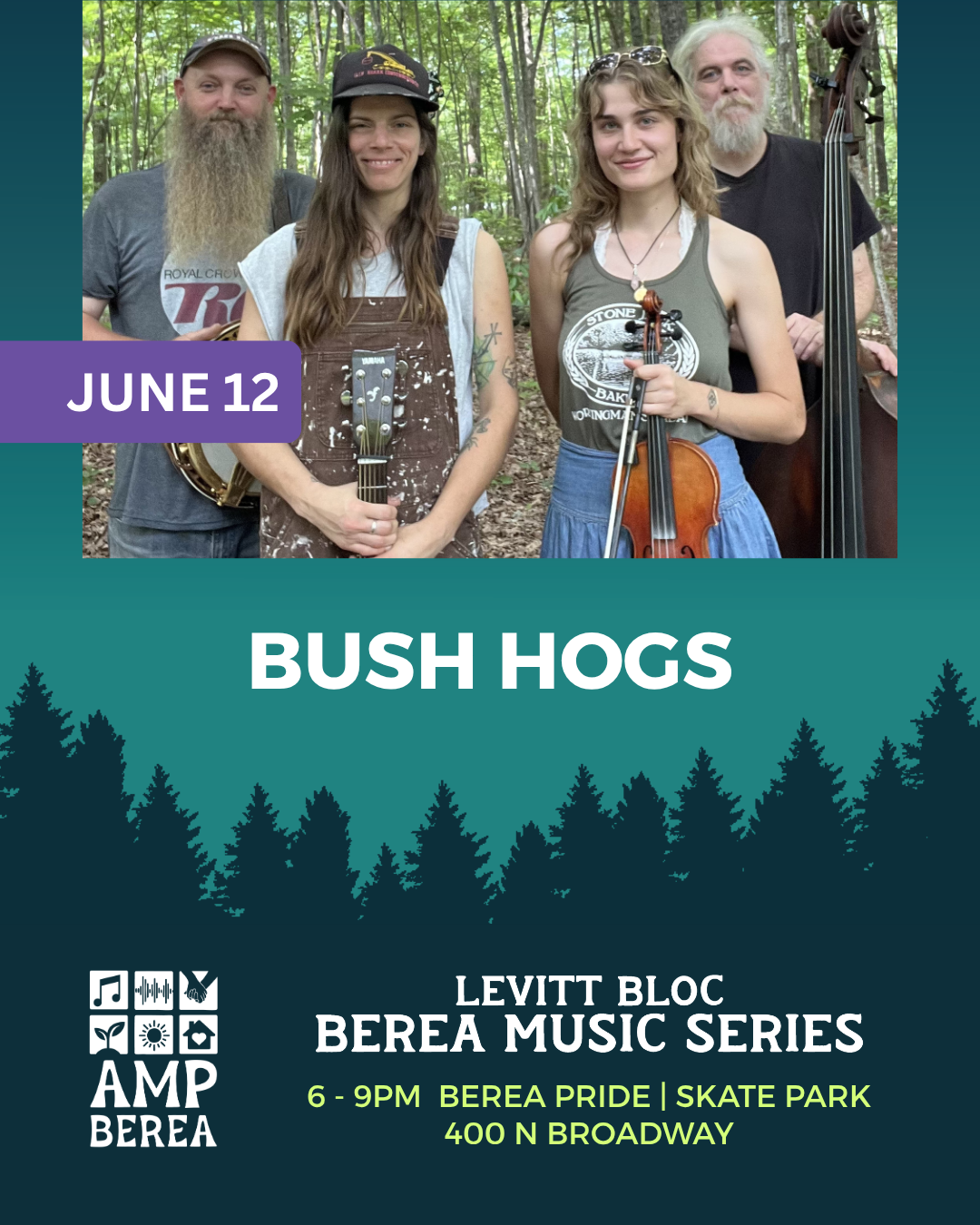 Bushhogs isn't your granddaddy's bluegrass music. Featuring original songs written by guitarist Steph Kidd, this 4-piece combines traditional bluegrass with influences from modern jam grass and folk. With Olivia Peppiatt on fiddle, Owen Reynolds on b