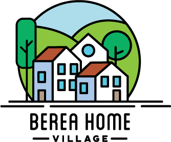 Illustration of houses with trees and hills in the background.
