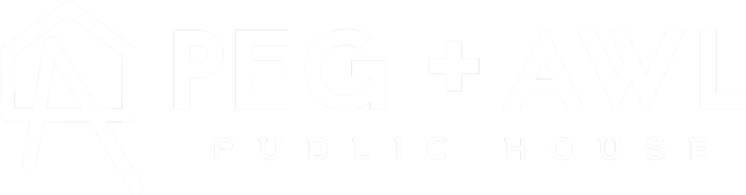 Logo of PEG+AWL Public House featuring a stylized house and the name in bold white text on a black background.
