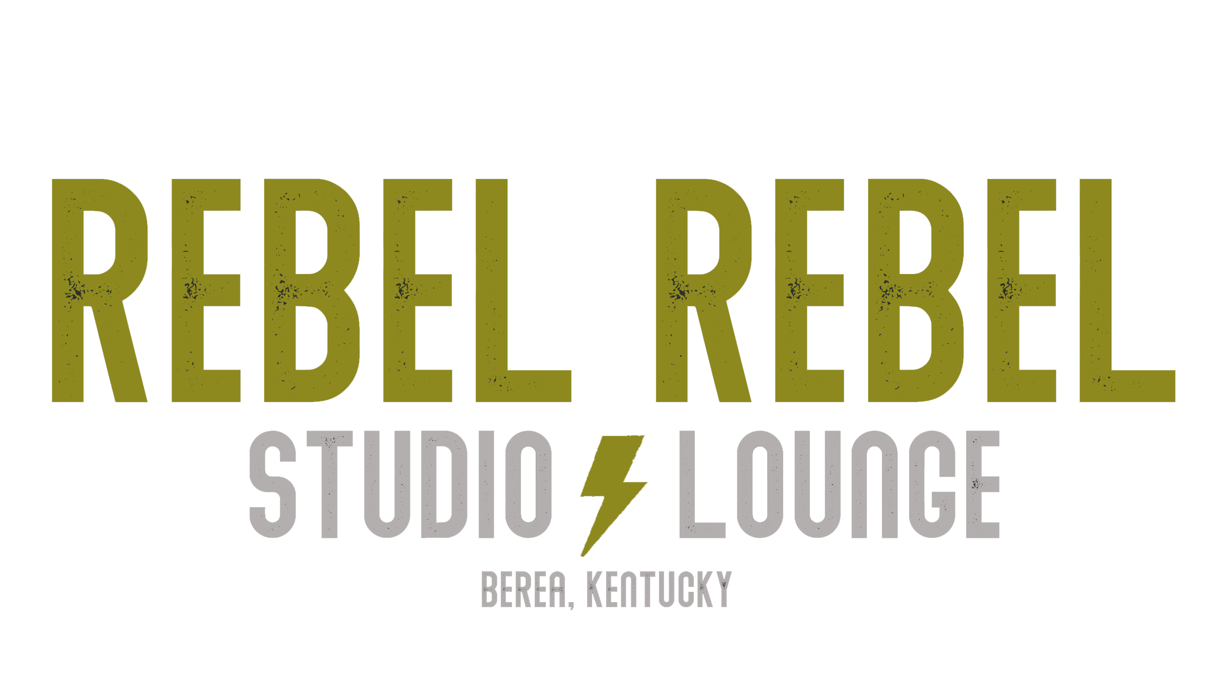 Logo for Rebel Rebel Studio Lounge in Berea, Kentucky, with black background, large green text saying 'Rebel Rebel', smaller gray text below stating 'Studio Lounge', and a yellow lightning bolt between the words 'Studio' and 'Lounge'.