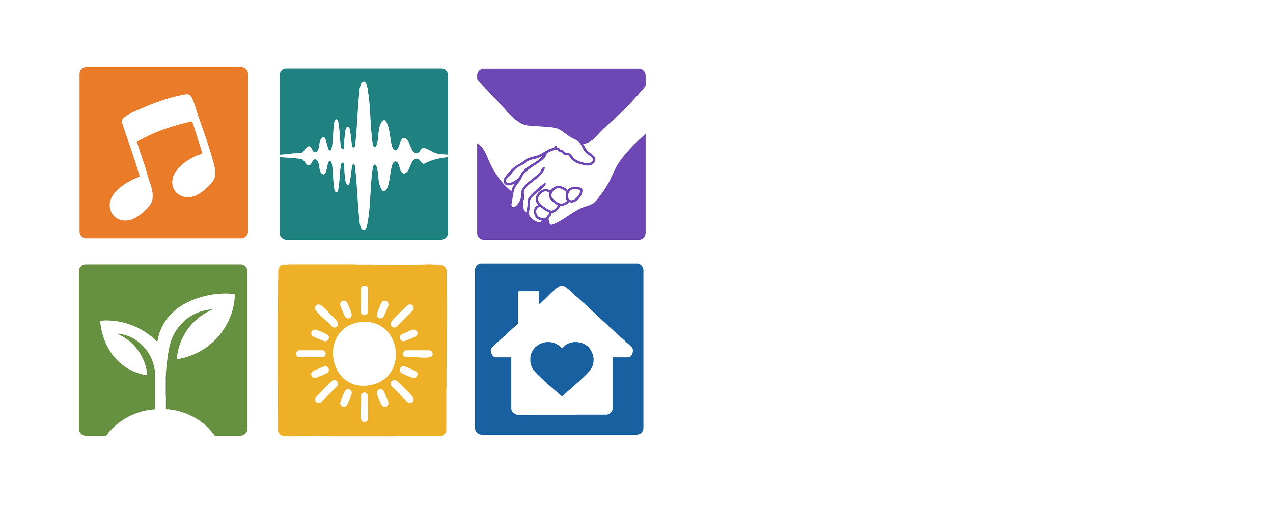 Colorful logo with six square icons representing music, sound waves, helping hand, plant growth, sun, and home, accompanied by the text "AMP BEREA".