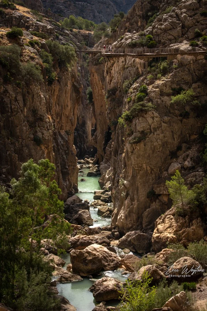 Une gorge étroite avec des hautes falaises rocheuses, un ruisseau bordé de gros rochers et une passerelle suspendue au-dessus, en milieu naturel.