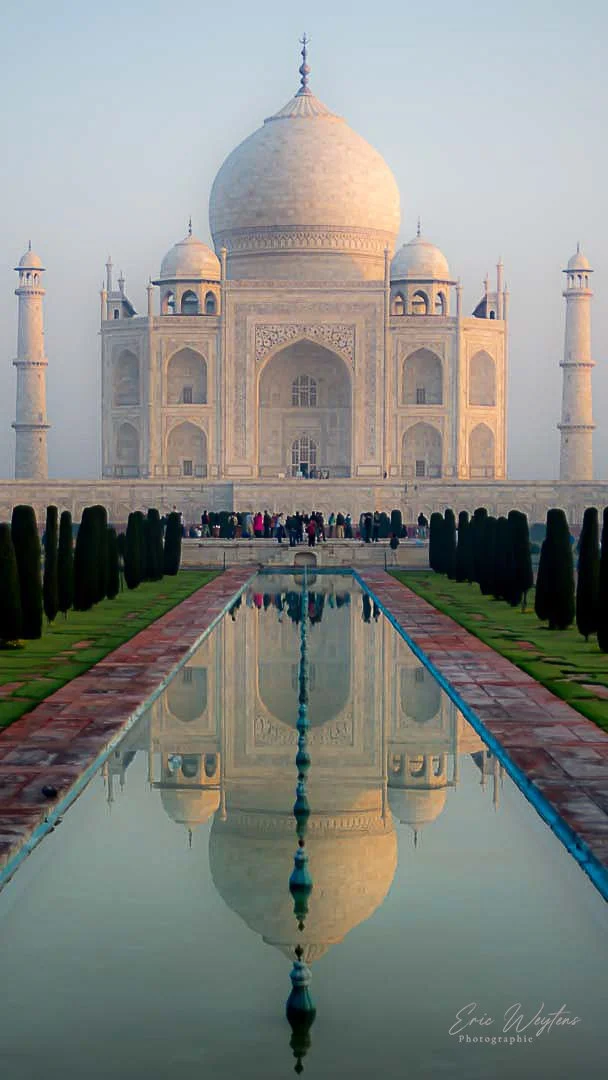 La Taj Mahal, un mausolée en marbre blanc en Inde, avec une allée bordée d'arbustes et une fontaine reflétant le monument.